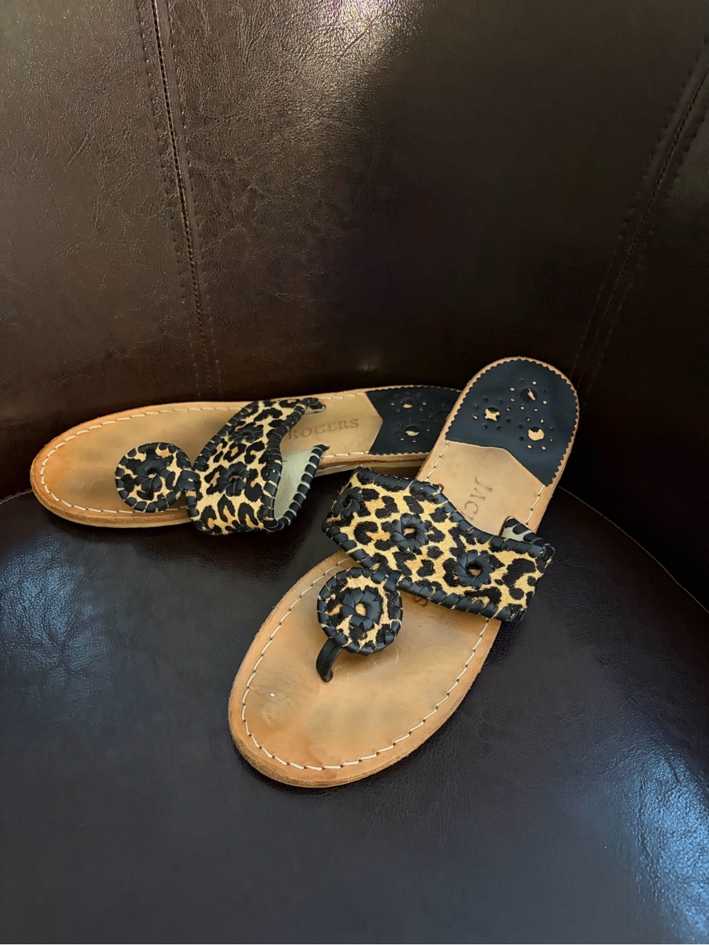 Jack Roger’s size 7 Leopard Print leather Slide Sandals  shoes Women’s black tan